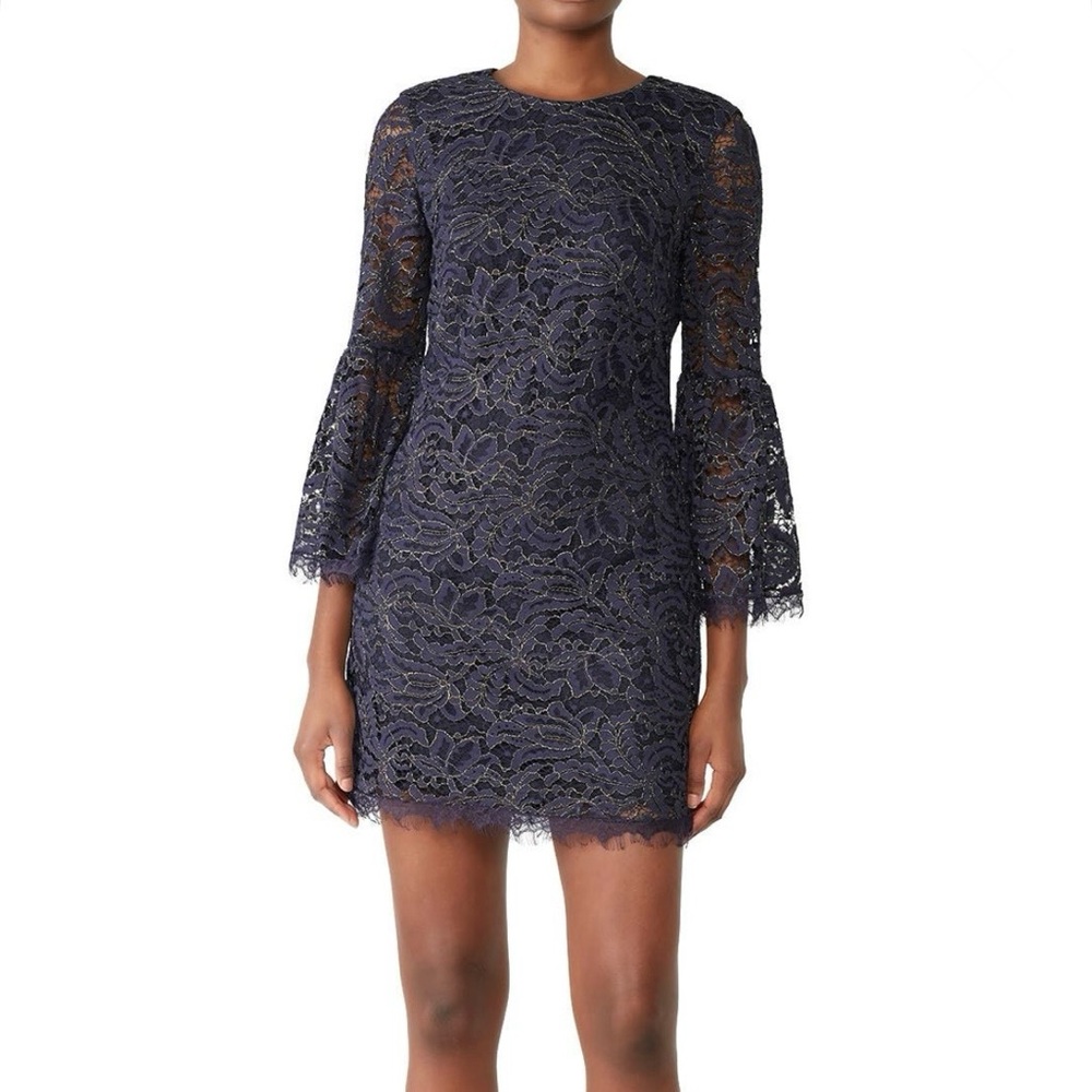 Dress The Population Blue And Gold Metallic Lace Floral Sheath Dress Size XS